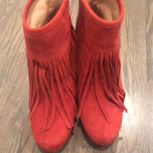 Red hot wedged fringe booties!